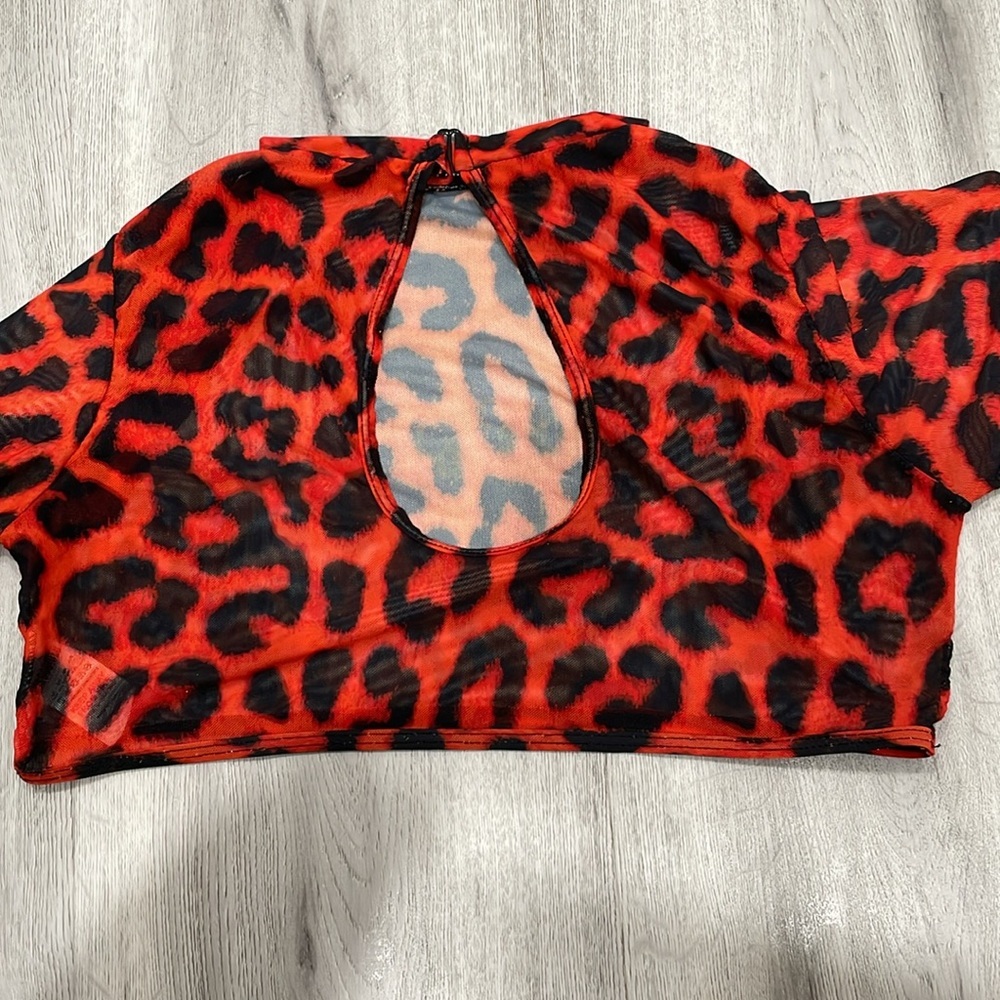3 Piece Red and Black Animal Print High Waist Thong Swimsuit - Picture 7 of 8